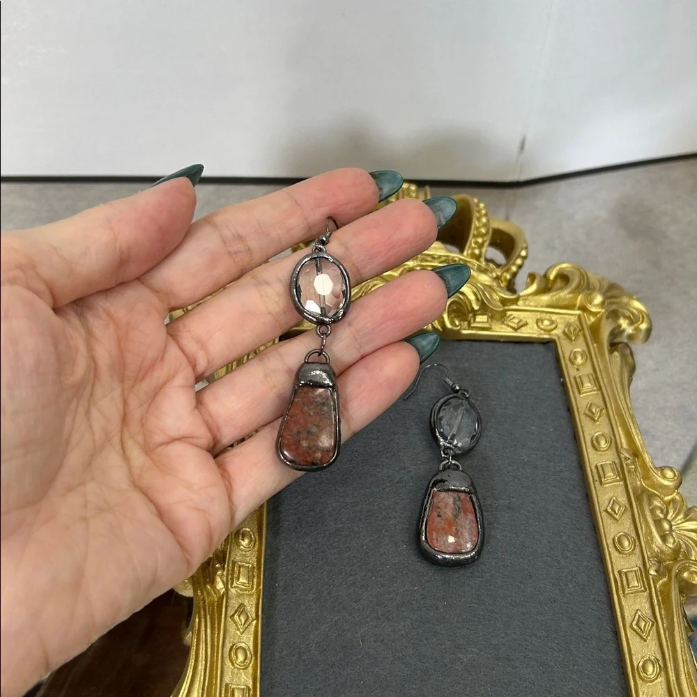 Laciann Collective red jasper gemstone faceted oval crystal gunmetal earrings